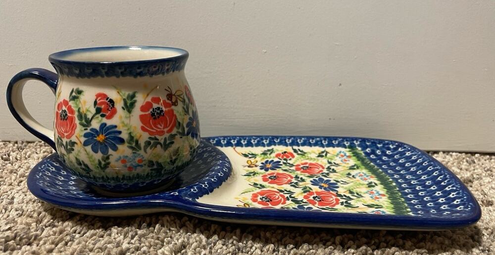 Unikat Kalich Coffee Cake Polish Pottery Set Floral Bees Poland Mug Plate
